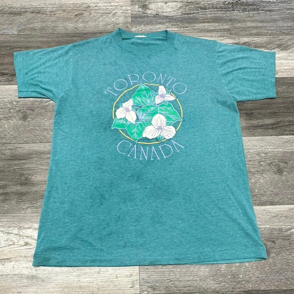 Vintage 80s Toronto Canada Blue Mens‎ M Ontario White Trillium Flower T-Shirt